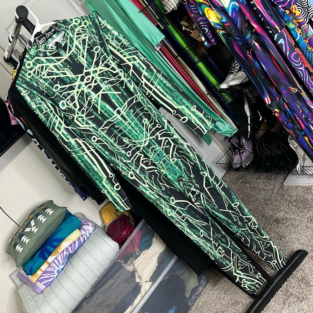 Candy Catz Bodysuit Jumpsuit Catsuit Techno Green Date Chart Skinsuit Rave